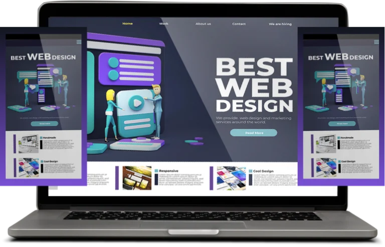 Responsive website design showcase displayed on a laptop and mobile screens, with the text ‘Best Web Design’ and modern 3D graphics.