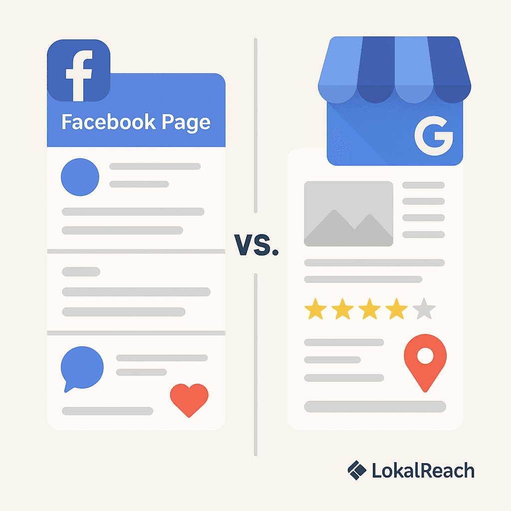 A split-screen graphic comparing a Facebook Page (showing posts, messages, and a heart icon) on the left with a Google Business Profile (showing reviews, star ratings, and a location pin) on the right, separated by a “vs.” text in the center, with the LokalReach logo in the corner.