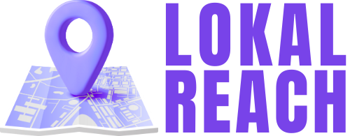 Lokal Reach logo with a purple map pin on a folded map and bold purple text