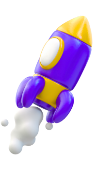3D purple and yellow rocket launching with white smoke trail, symbolizing fast and creative website development.