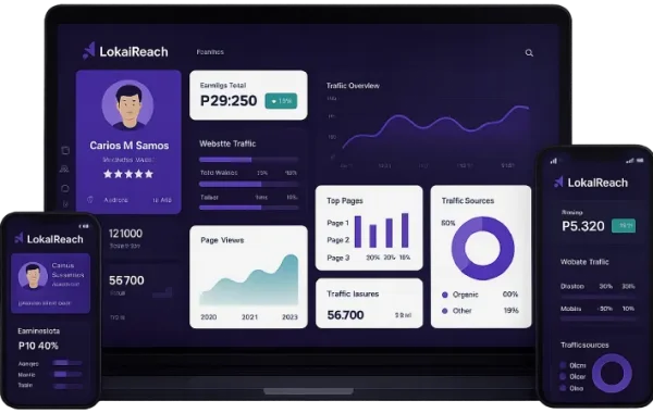 LokalReach dashboard mockup on laptop, tablet, and phone with dark transparent background.